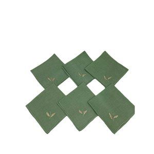 6 Vtg Cloth Napkins 9.5" Square Sage Green Linens Leaf Embroidery Classic Retro